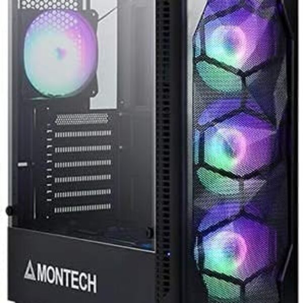 Montech X1 Black – Compact ATX Mid Tower Case – High Airflow, Front Mesh Ventilation, Tempered Glass Side Panel, Pre-Installed 4 x 120mm Autoflow Rainbow.