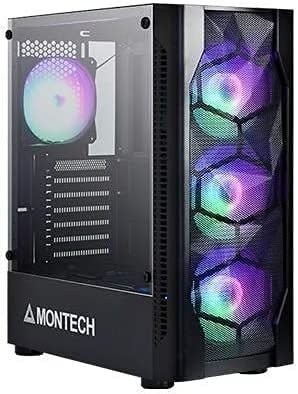 Montech X1 Black - Compact ATX Mid Tower Case - High Airflow, Front Mesh Ventilation, Tempered Glass Side Panel, Pre-Installed 4 x 120mm Autoflow Rainbow.