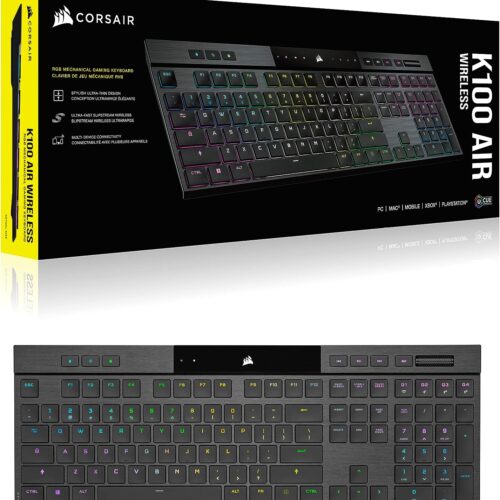 Corsair K100 AIR Wireless RGB Mechanical Gaming Keyboard – Ultra-Thin, Sub-1ms Slipstream , Low-Latency Bluetooth, Cherry MX Ultra Low Profile Keyswitches – NA Layout, QWERTY – Black