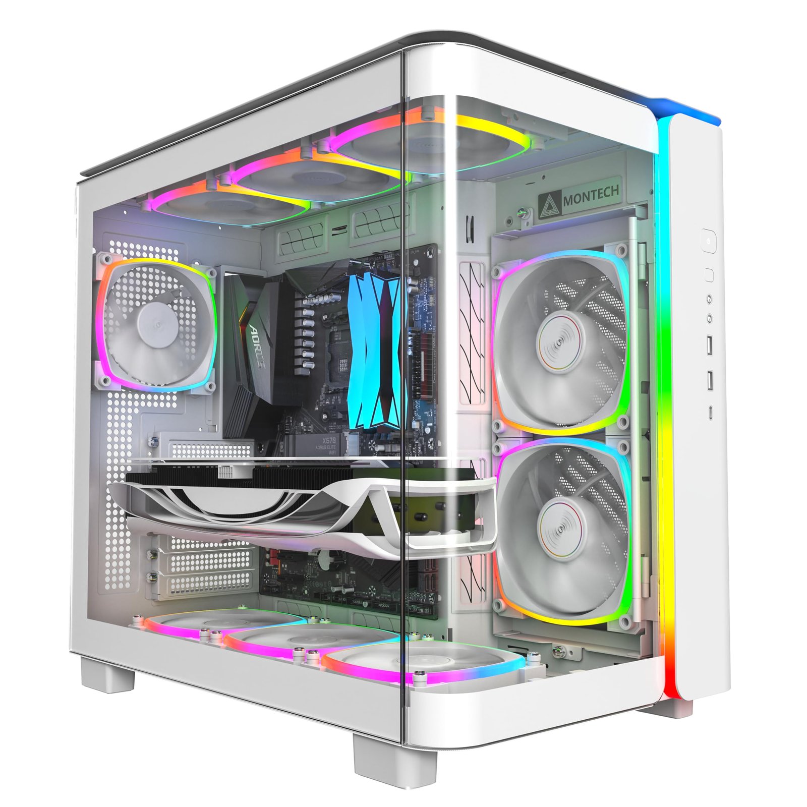 MONTECH King 95 PRO Dual-Chamber ATX Mid-Tower PC Gaming Case, High-Airflow, Toolless Panels, Sturdy Curved Tempered Glass Front, 6 ARGB PWM Fan...WHITE - Image 2